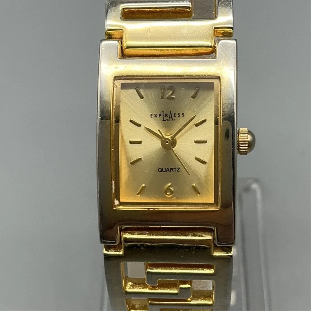 LA Express Womens Watch 18mm Gold Tone Greek Key Bracelet New Battery 7.5